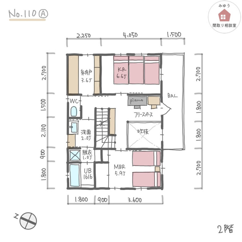 キッチン横にスタディルームがある子育てしやすい間取り【32坪3LDK2階建】No.110A-寸法有2階