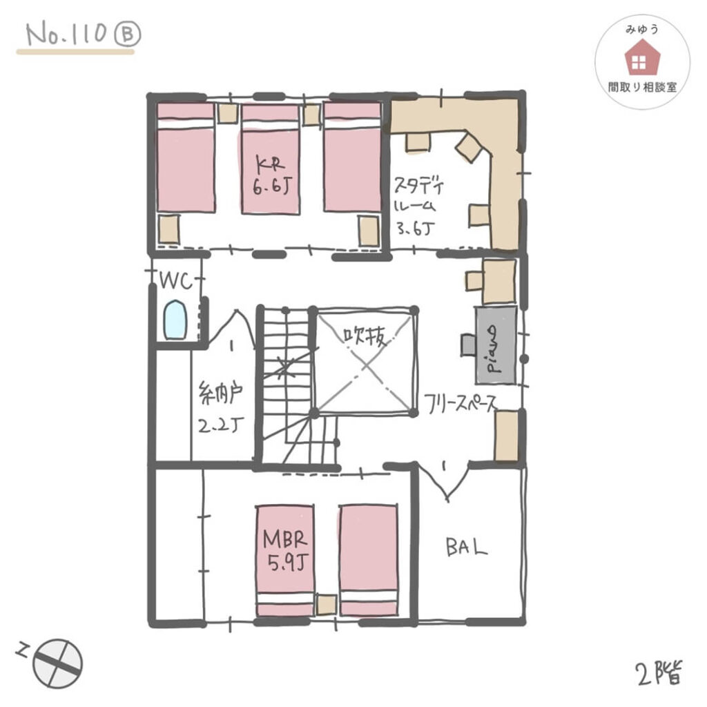 ３人の子ども部屋を状況に合わせて変えられる子育てしやすい間取り【31坪3LDK2階建】No.110B-2階