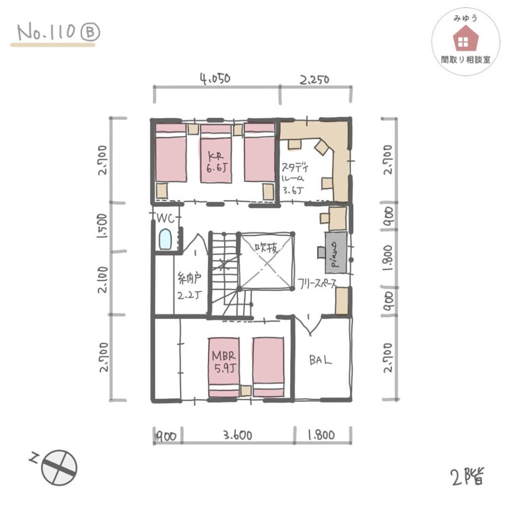 ３人の子ども部屋を状況に合わせて変えられる子育てしやすい間取り【31坪3LDK2階建】No.110B-寸法有2階