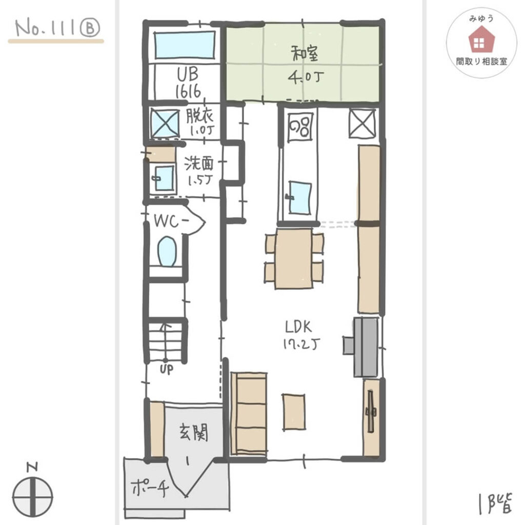 コンパクトで細長い形状、キッチンテーブル横並びの家【29坪4LDK2階建間取り】No.111B_１階