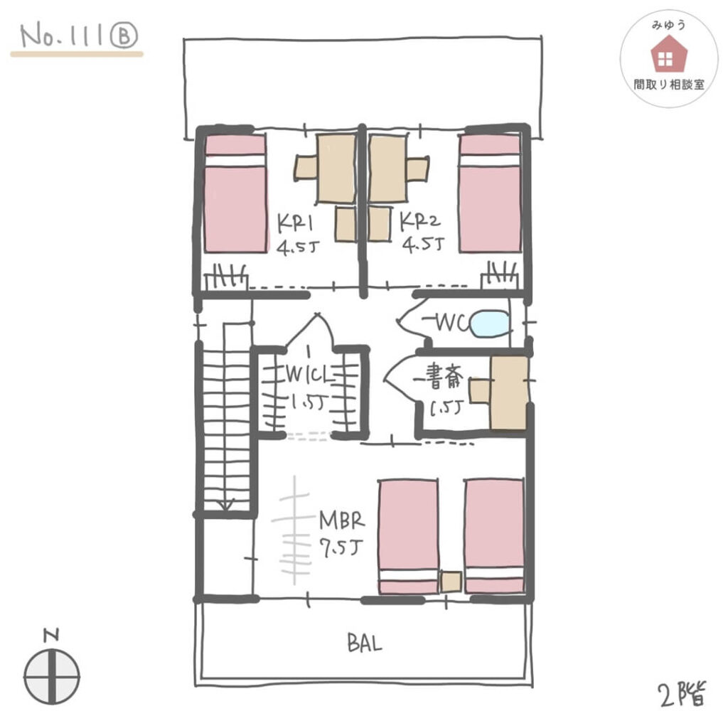 コンパクトで細長い形状、キッチンテーブル横並びの家【29坪4LDK2階建間取り】No.111B_２階