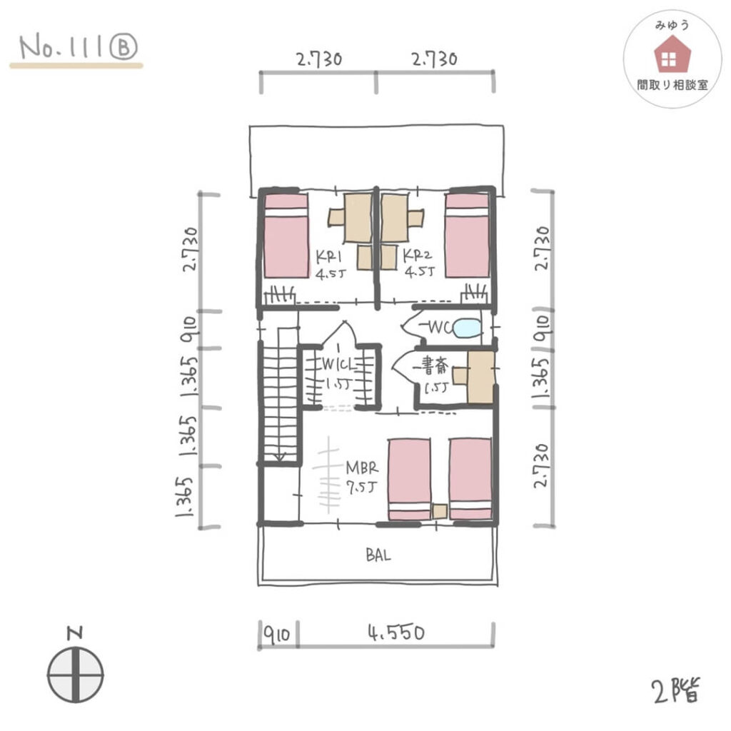 コンパクトで細長い形状、キッチンテーブル横並びの家【29坪4LDK2階建間取り】No.111B_寸法有２階