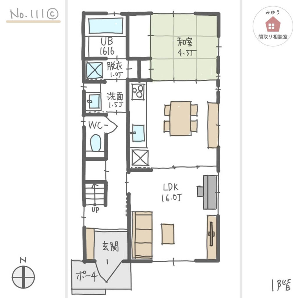 ダイニングキッチンをリビングと分けられ、ダイニング隣に和室のある間取り【29坪4LDK2階建】No.111C_1f