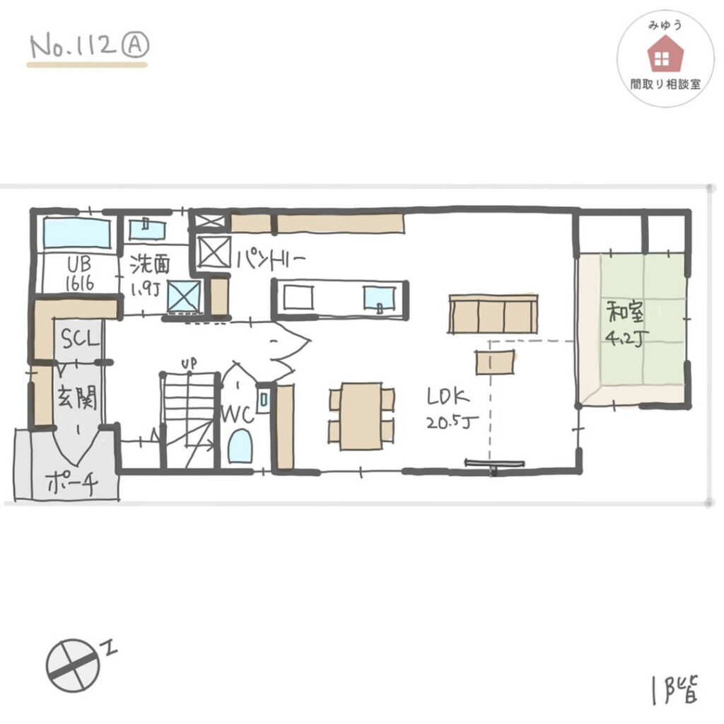 間口が狭い敷地でも広め吹抜けリビングがある間取り【37坪5LDK2階建】No.112A1階