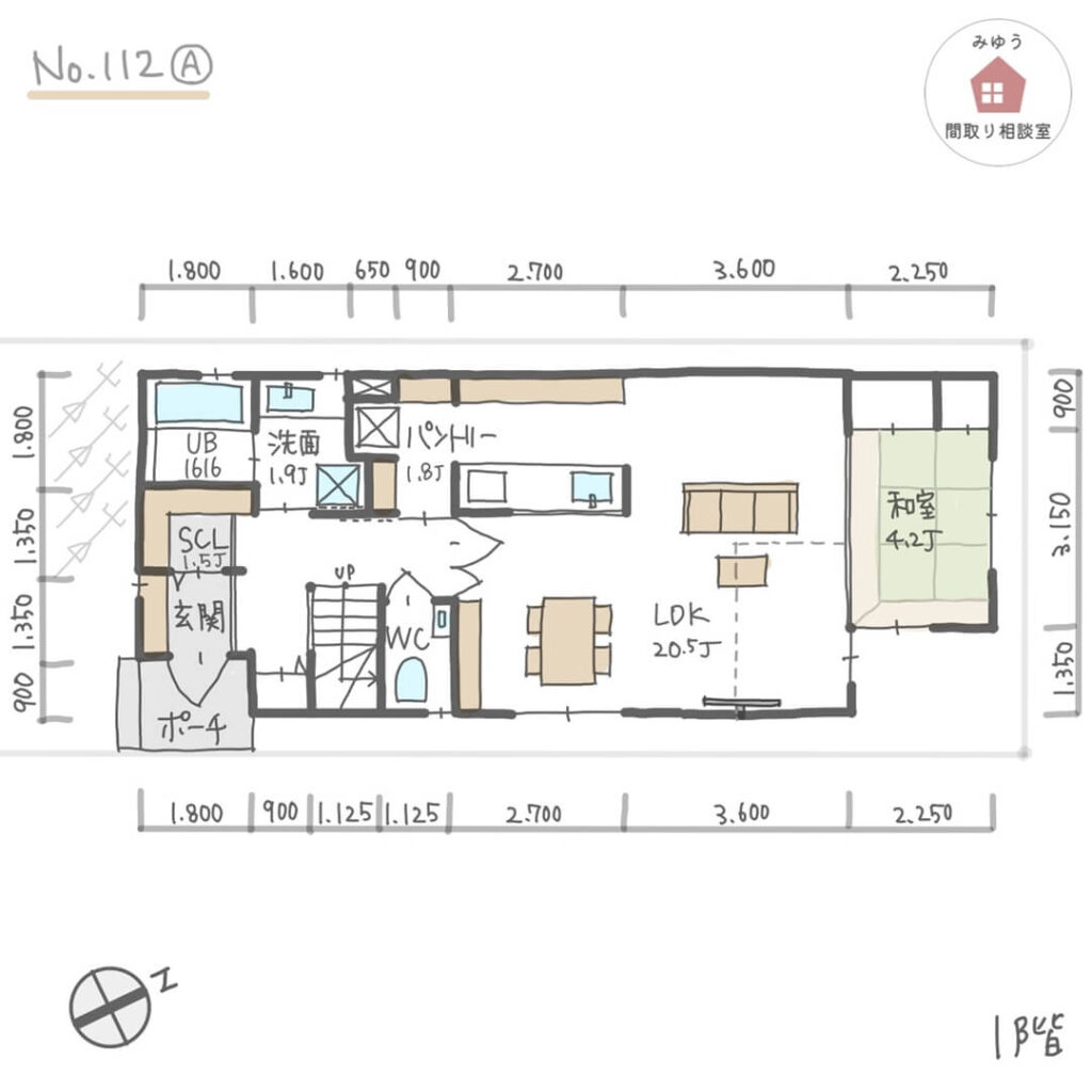 間口が狭い敷地でも広め吹抜けリビングがある間取り【37坪5LDK2階建】No.112A寸法有１階