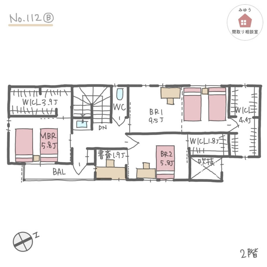 玄関収納やパントリー、個室の収納が充実している間取り【40坪5LDK2階建】No.112B_2階