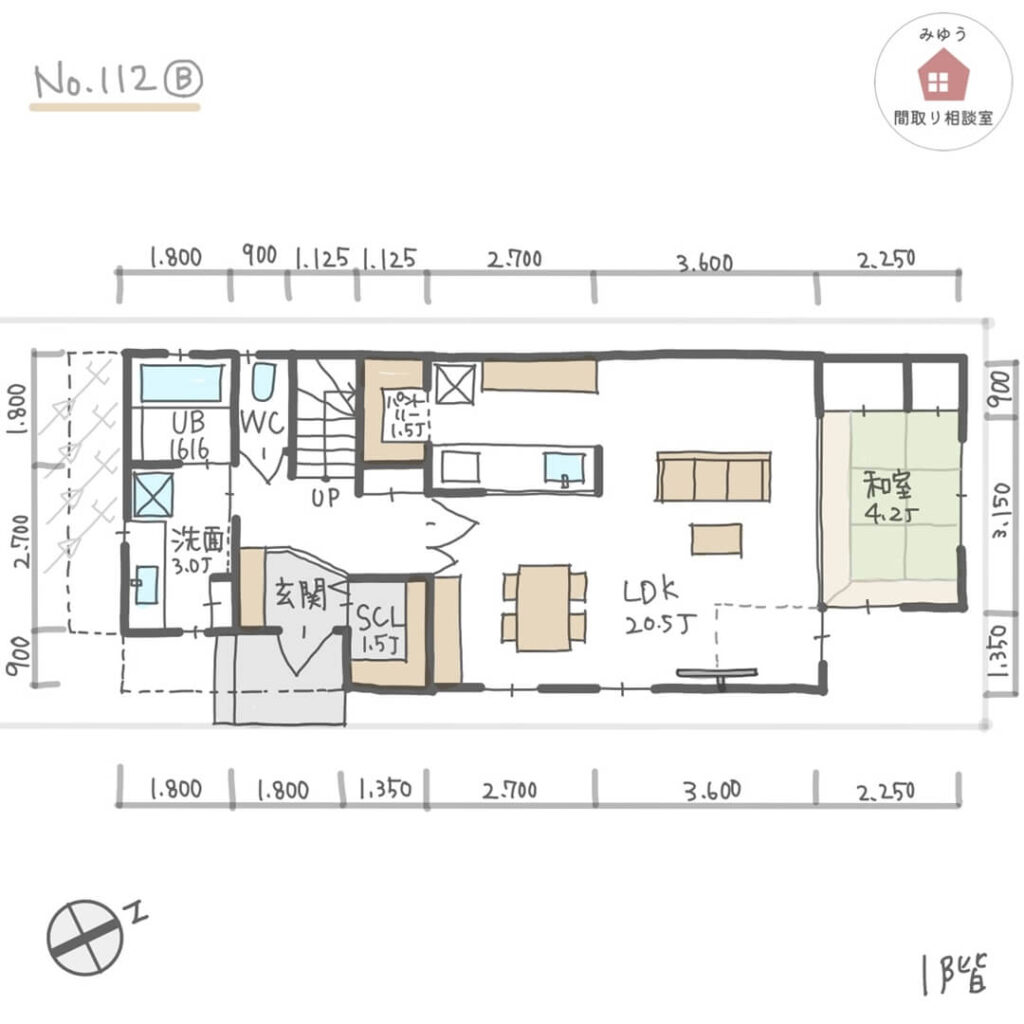 玄関収納やパントリー、個室の収納が充実している間取り【40坪5LDK2階建】No.112B寸法有１階