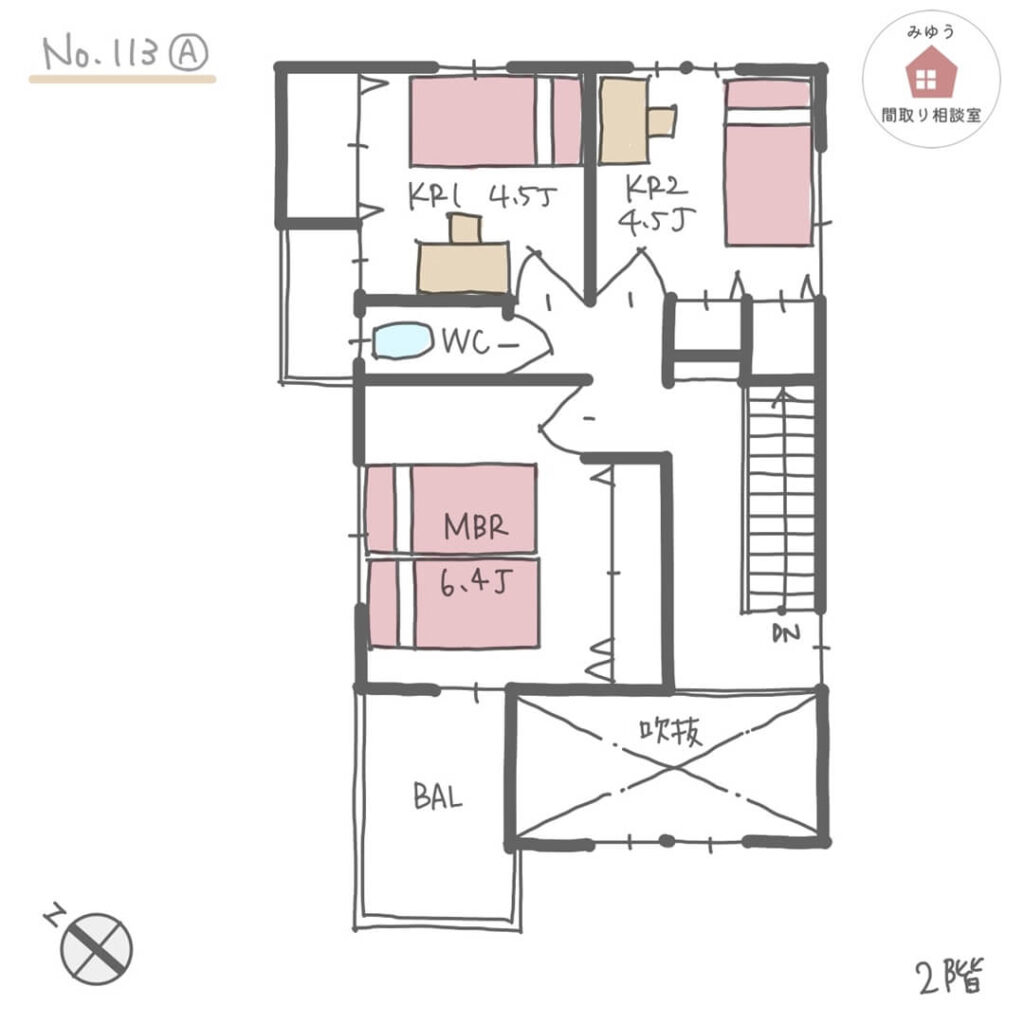 忙しい朝の準備がしやすくて、家族の様子が見やすい子育てしやすい間取り【28坪3LDK2階建】No.113A_２階