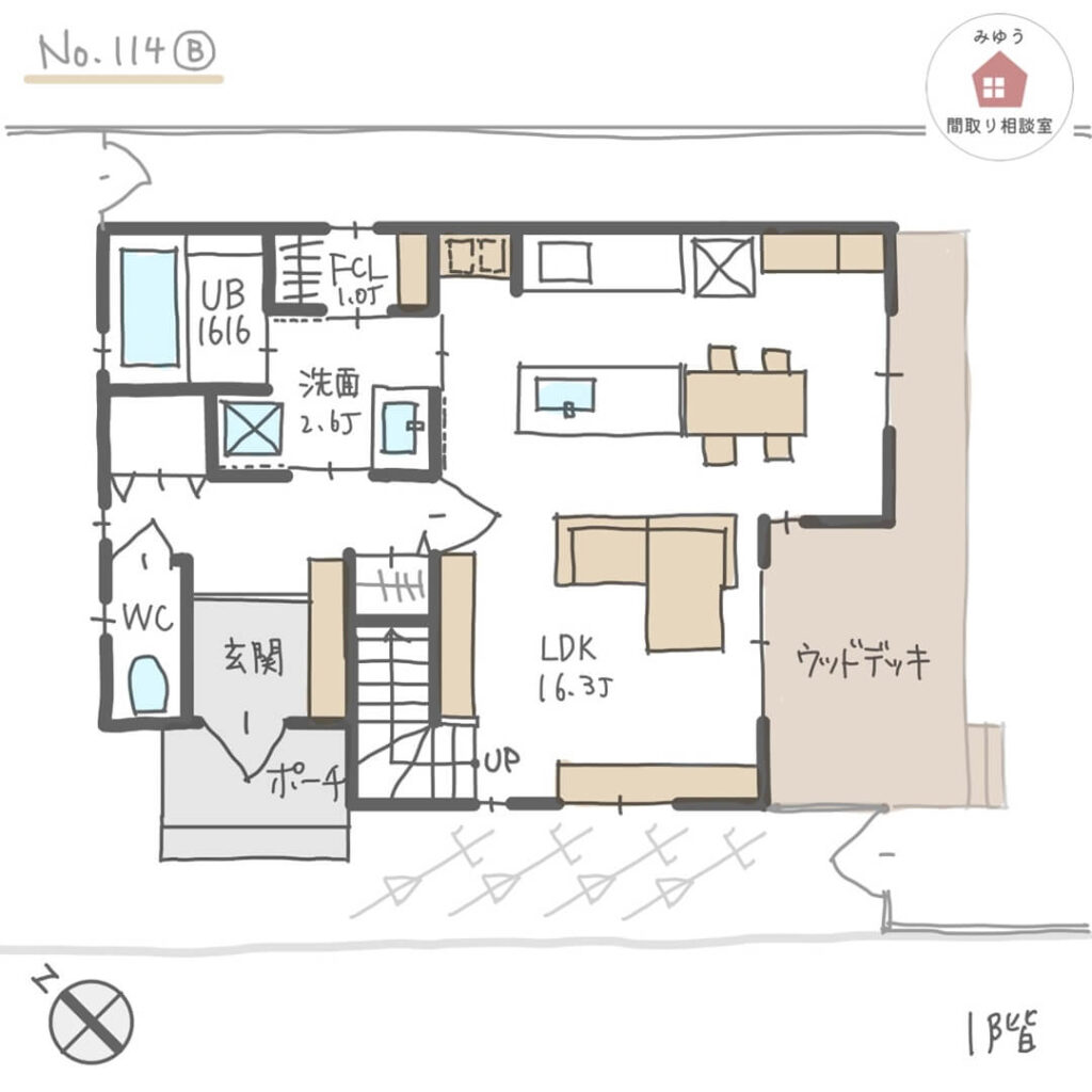 玄関からもLDKからも洗面所に入れる水回り回遊動線の間取り【29坪3LDK2階建】No.114B_１階