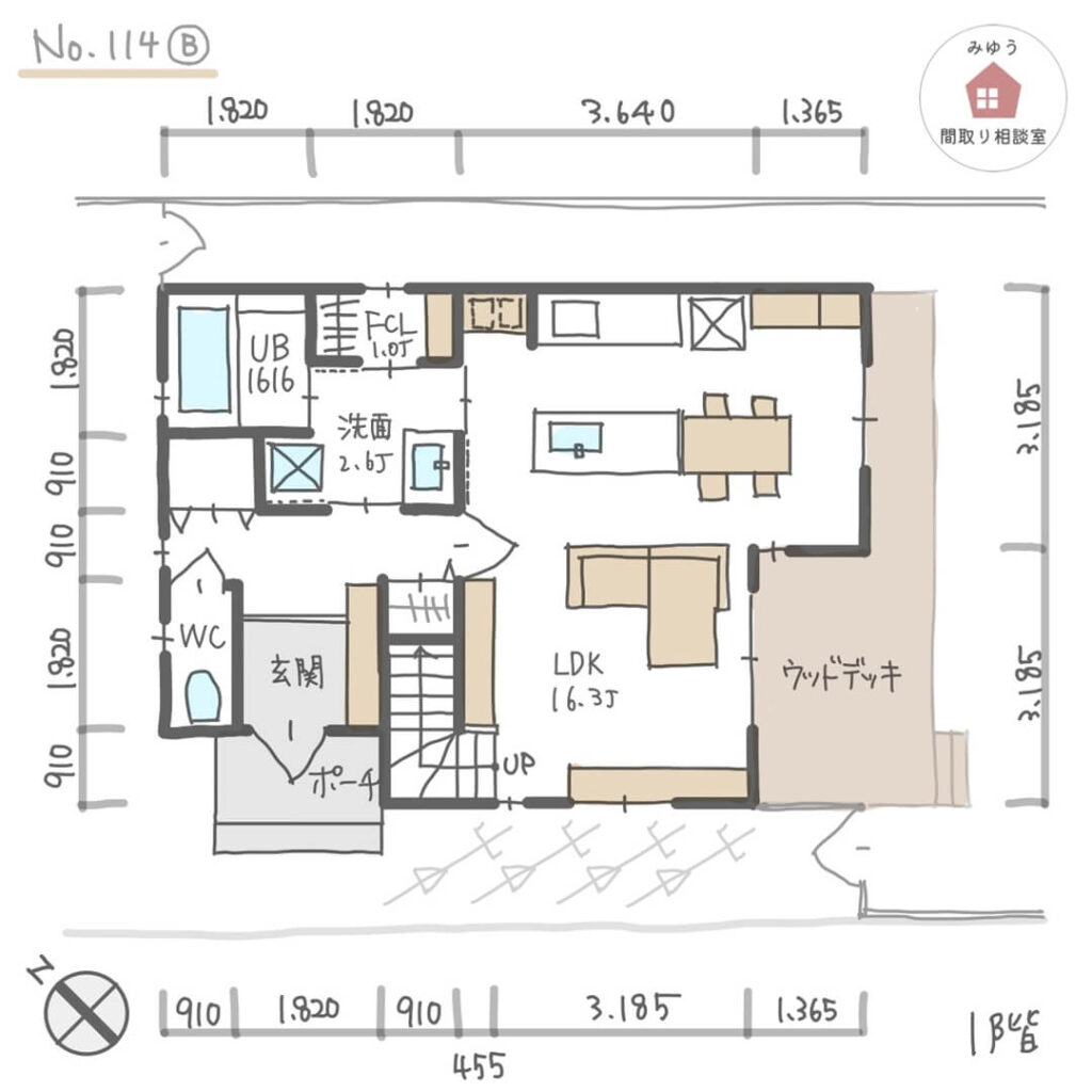 玄関からもLDKからも洗面所に入れる水回り回遊動線の間取り【29坪3LDK2階建】No.114B_寸法有１階