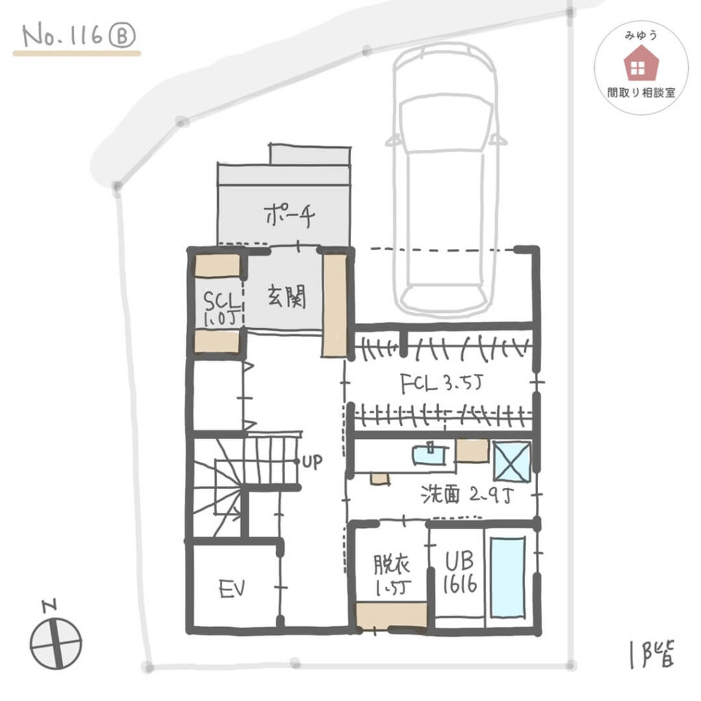 １階に水回りを集中させて洗濯や室内干しを楽にした３階建住宅の間取り【33坪3LDK3階建】No.116B_１階