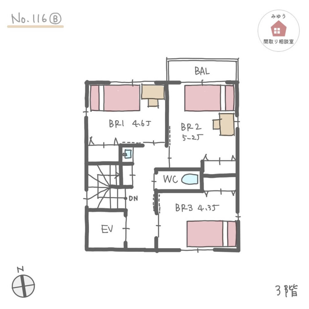 １階に水回りを集中させて洗濯や室内干しを楽にした３階建住宅の間取り【33坪3LDK3階建】No.116B_３階