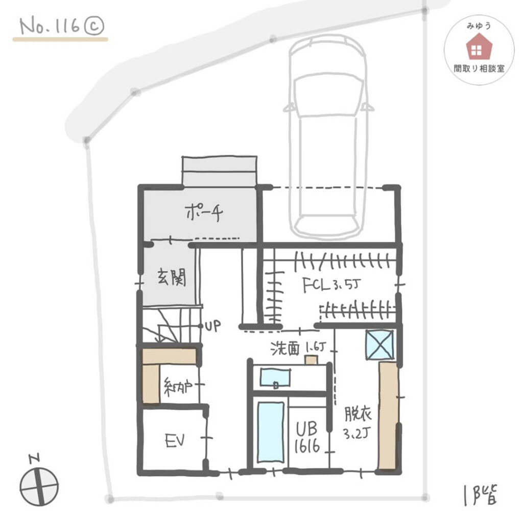 日当たりの良い３階南側にリビングを設けたホームエレベーターのある間取り【32坪3LDK3階建】No.116C_１階