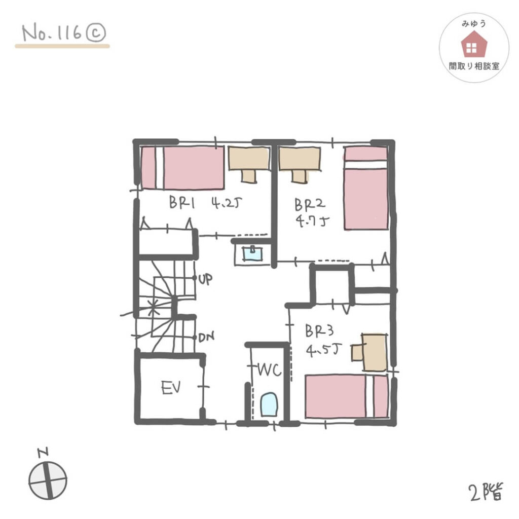 日当たりの良い３階南側にリビングを設けたホームエレベーターのある間取り【32坪3LDK3階建】No.116C_２階