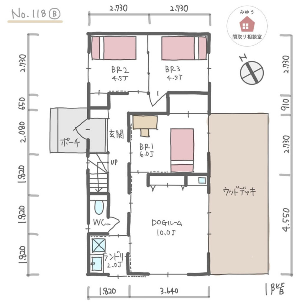 １階にドッグルームと主寝室、２階にリビングと水回りがある総二階の間取り【36坪5LDK2階建】No.118B-寸法有1階