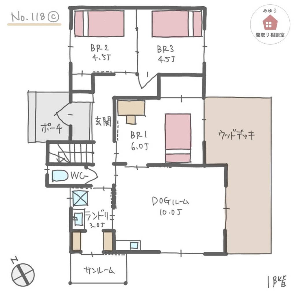 料理や食事をしながら庭の景色を楽しめ、洗濯や片付けが楽になる２階リビングの間取り【33坪5LDK2階建】No.118C-1階