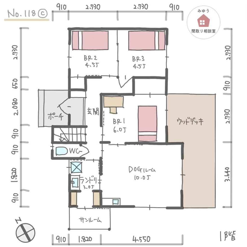 料理や食事をしながら庭の景色を楽しめ、洗濯や片付けが楽になる２階リビングの間取り【33坪5LDK2階建】No.118C寸法有1階