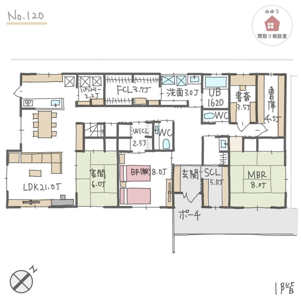 ２階は子供部屋のみ設けたほぼ平屋の完全同居型二世帯住宅間取り【53坪5LDK2階建】No.120－1階