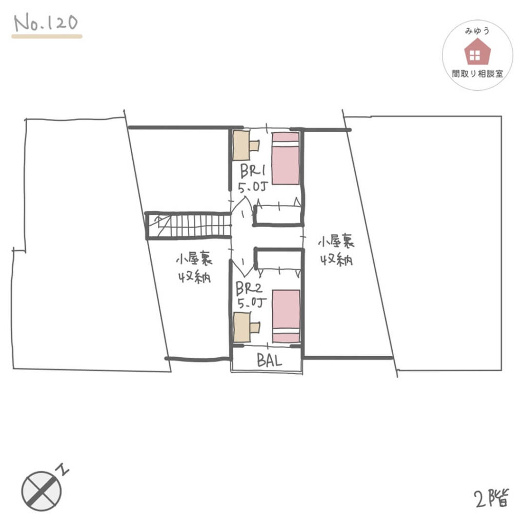 ２階は子供部屋のみ設けたほぼ平屋の完全同居型二世帯住宅間取り【53坪5LDK2階建】No.120－2階