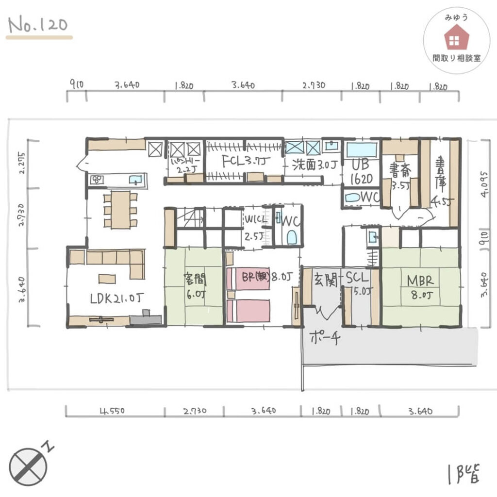 ２階は子供部屋のみ設けたほぼ平屋の完全同居型二世帯住宅間取り【53坪5LDK2階建】No.120-寸法有1階