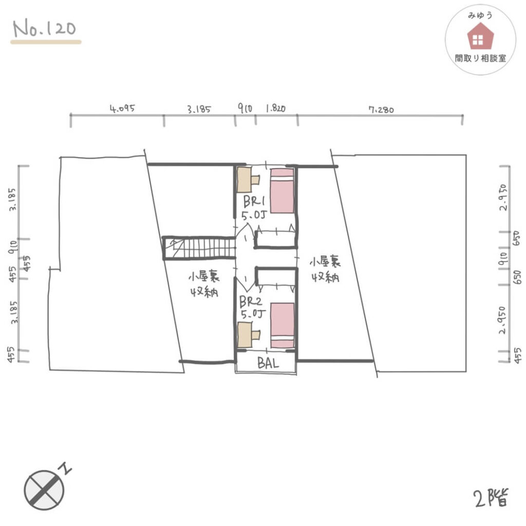 ２階は子供部屋のみ設けたほぼ平屋の完全同居型二世帯住宅間取り【53坪5LDK2階建】No.120-寸法有2階