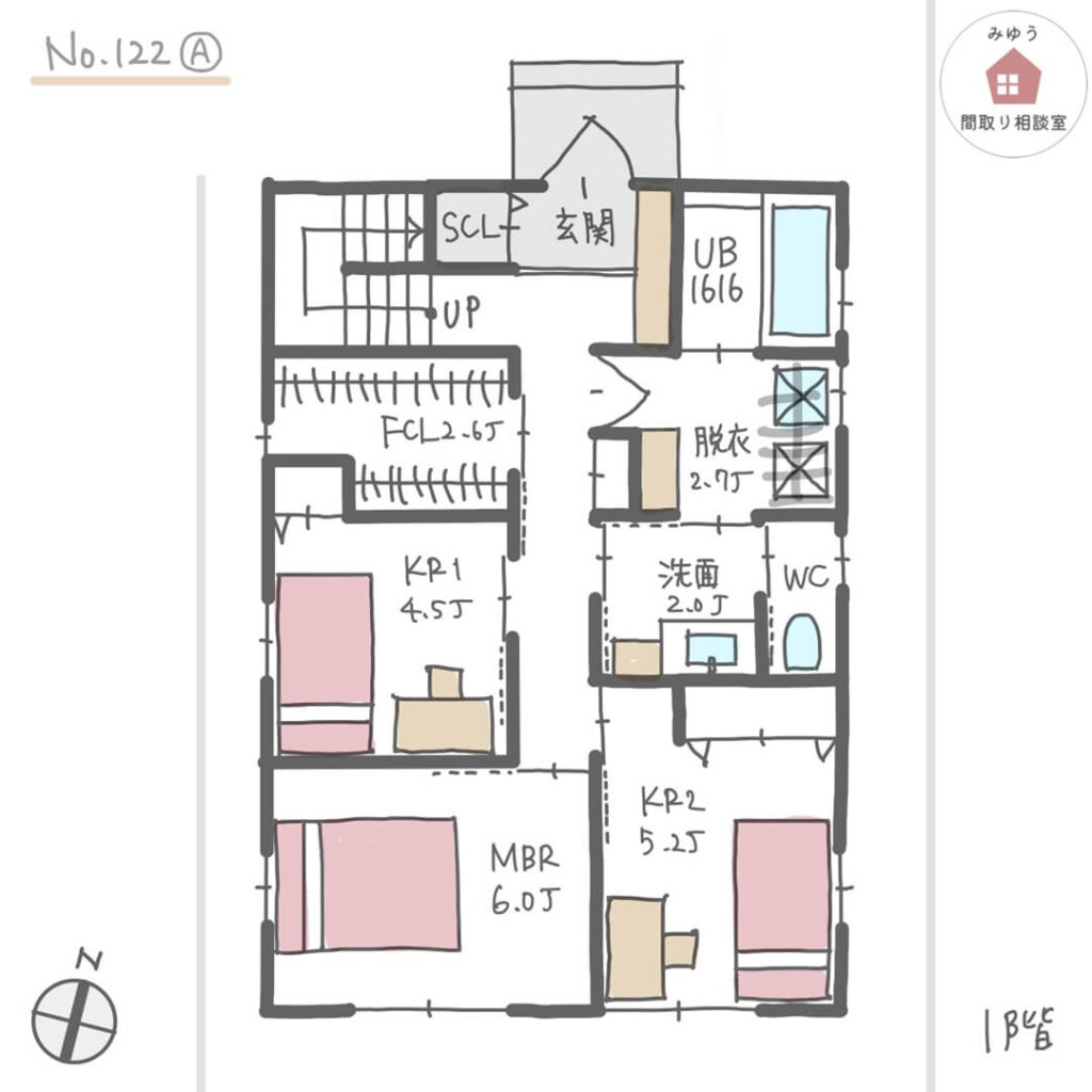 ２階リビングで日当たりの良いバルコニーとリビングが繋がる間取り【33坪4LDK2階建】No.122A-1階