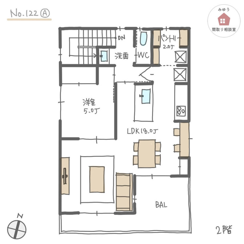 ２階リビングで日当たりの良いバルコニーとリビングが繋がる間取り【33坪4LDK2階建】No.122A-2階