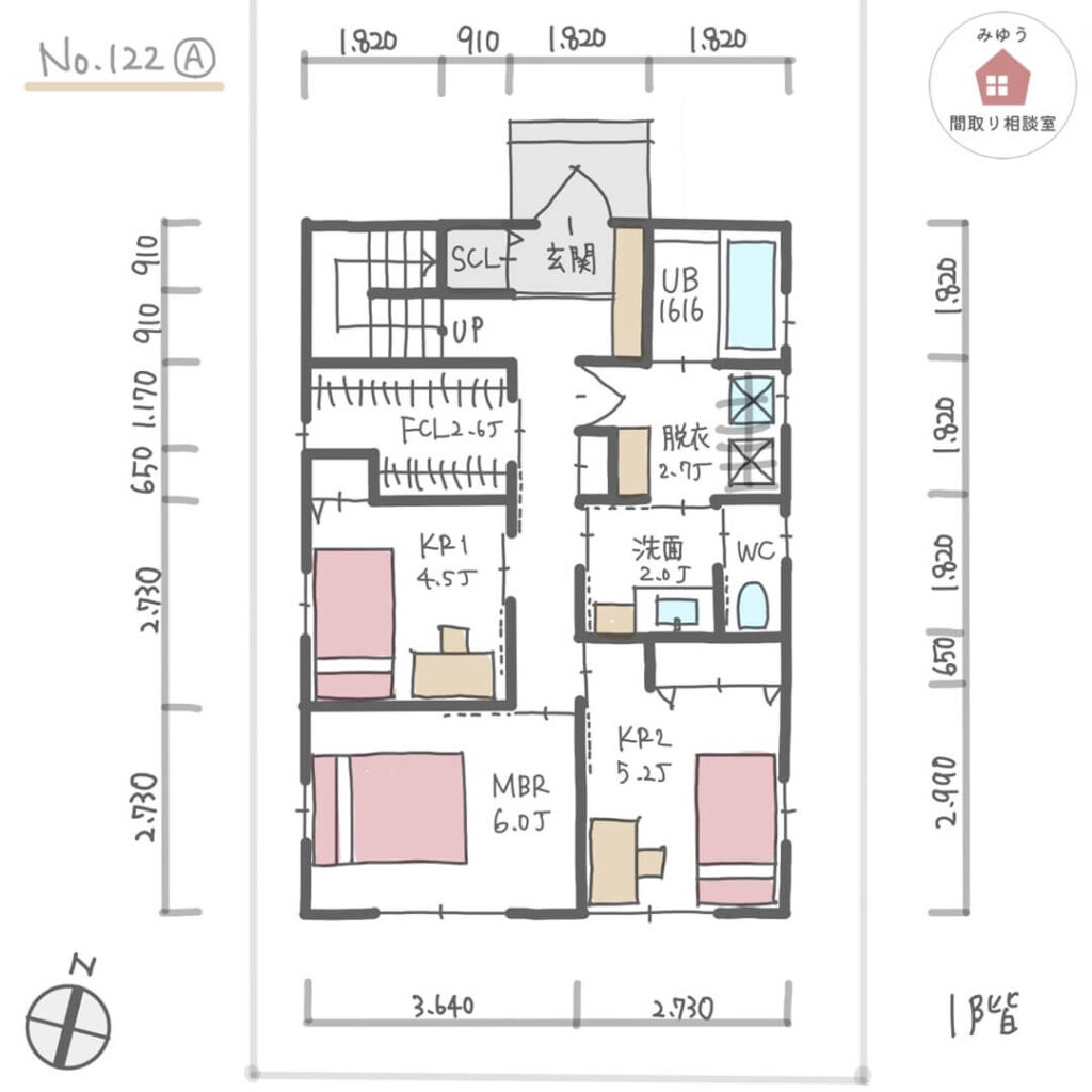 ２階リビングで日当たりの良いバルコニーとリビングが繋がる間取り【33坪4LDK2階建】No.122A-寸法有1階