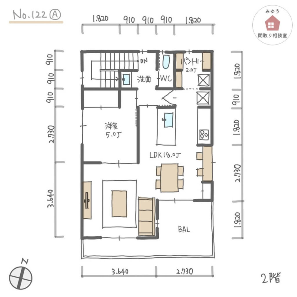 ２階リビングで日当たりの良いバルコニーとリビングが繋がる間取り【33坪4LDK2階建】No.122A-寸法有2階