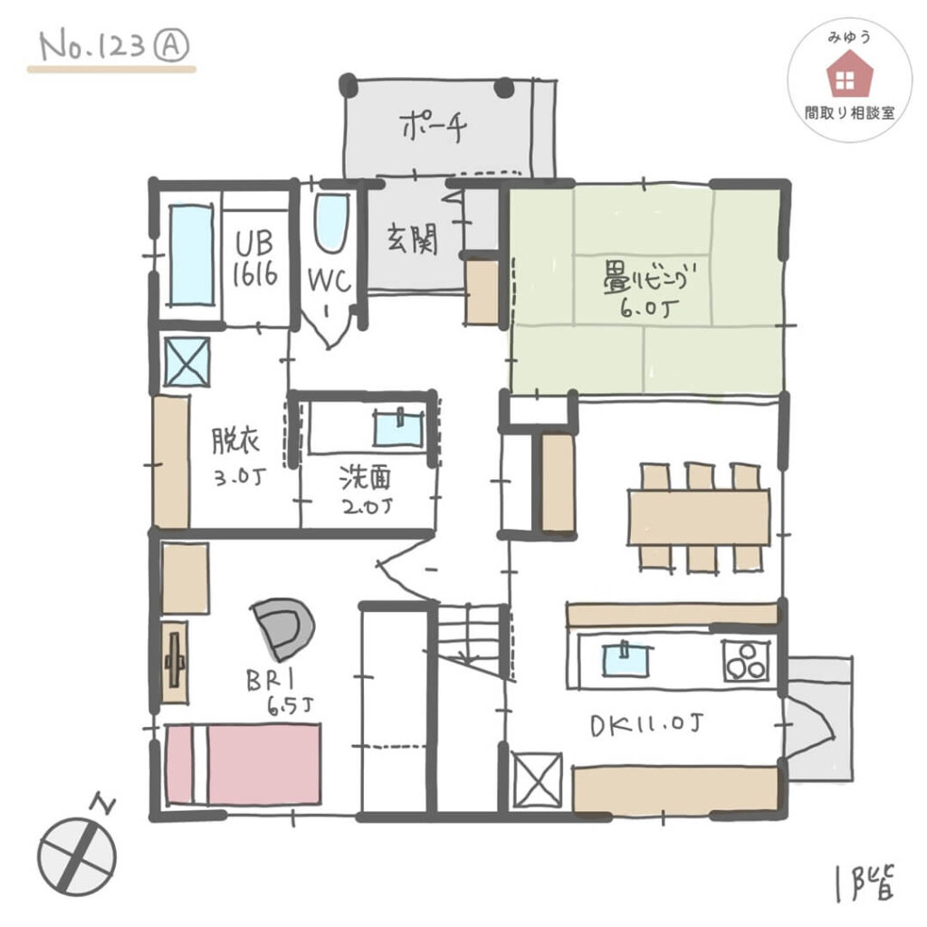 将来同居予定で家族のプライバシーを守りやすい個室が５室ある間取り【40坪5LDK2階建】No.123A-1階