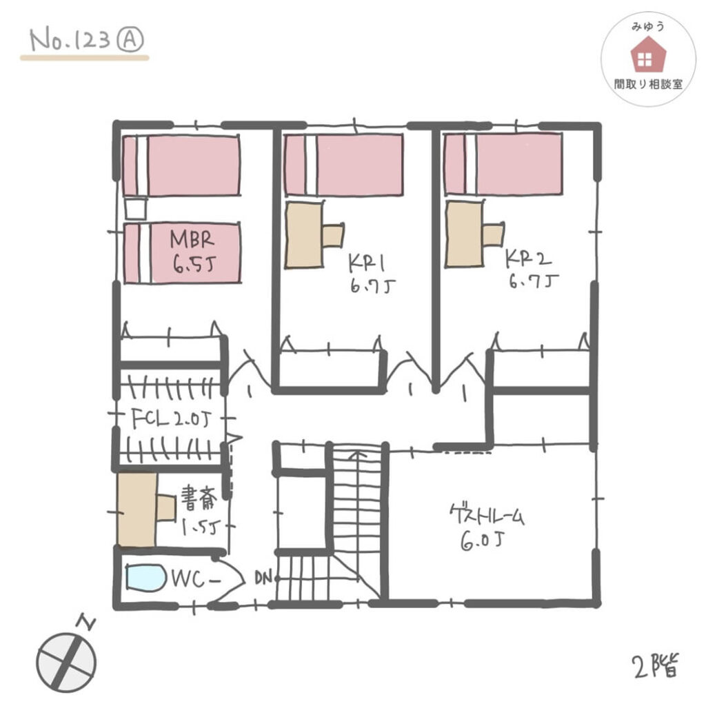 将来同居予定で家族のプライバシーを守りやすい個室が５室ある間取り【40坪5LDK2階建】No.123A-2階