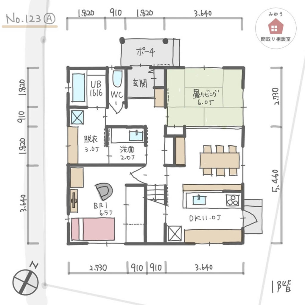 将来同居予定で家族のプライバシーを守りやすい個室が５室ある間取り【40坪5LDK2階建】No.123A-寸法有1階