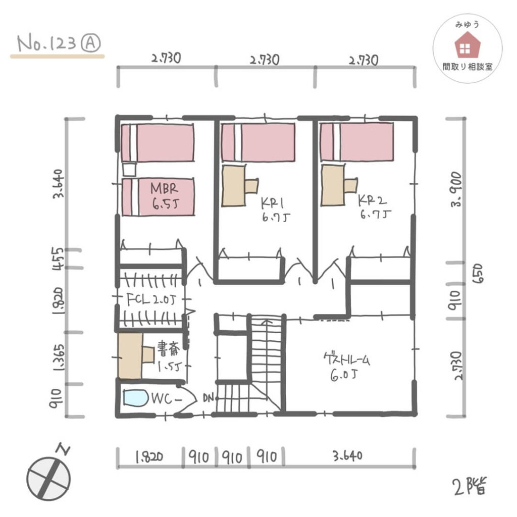 将来同居予定で家族のプライバシーを守りやすい個室が５室ある間取り【40坪5LDK2階建】No.123A-寸法有2階