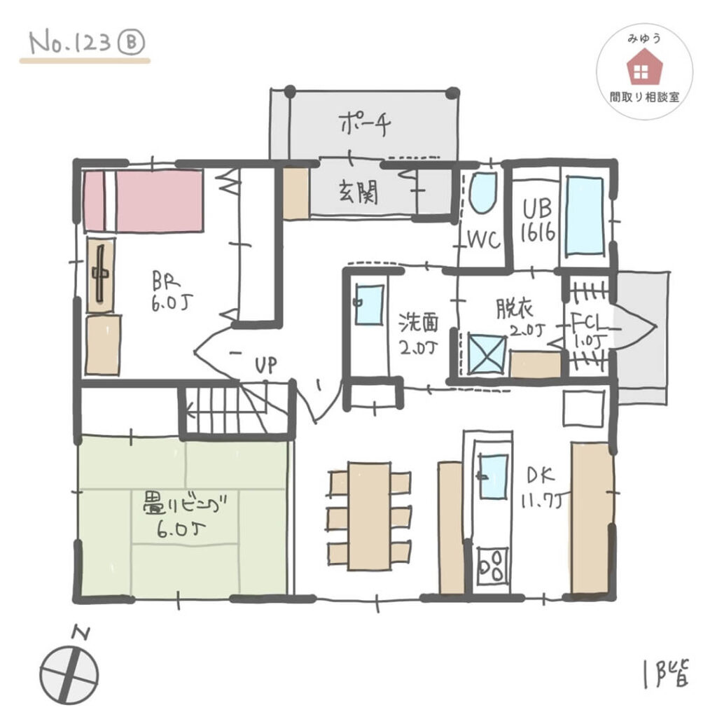 日当たりの良い畳リビングがあり、LDKと水回りが隣り合う家事ラク回遊動線の間取り【40坪5LDK2階建】No.123B-1階