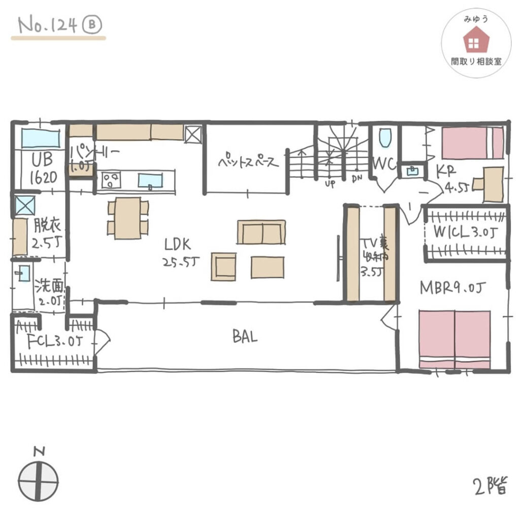 テレビ裏収納がある開放的なLDKの子世帯と、親世帯の行き来や介護がしやすい完全分離型二世帯住宅の間取り【64坪3LDK＋1LDK2階建】No.124B-2階