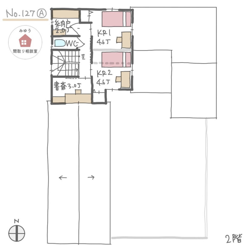 L字型で庭を囲んだ広いLDKと１階主寝室のあるほぼ平屋間取り【40坪4LDK2階建】No.127A-2階