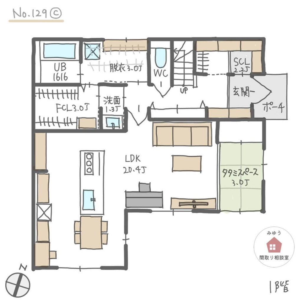 アイランドキッチンとテーブル横並びで家族の様子が見やすいLDKの間取り【36坪4LDK2階建】No.129C-1階