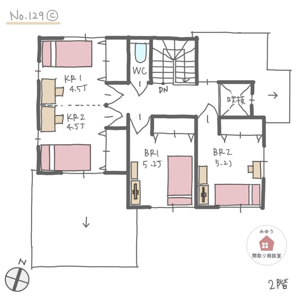 アイランドキッチンとテーブル横並びで家族の様子が見やすいLDKの間取り【36坪4LDK2階建】No.129C-2階