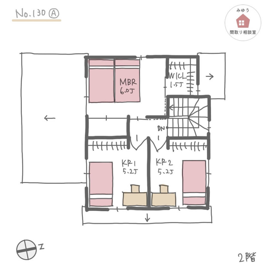 リビングと洗面所両方から入れるファミリークローゼットがある間取り【27坪3LDK2階建】No.130A-2階