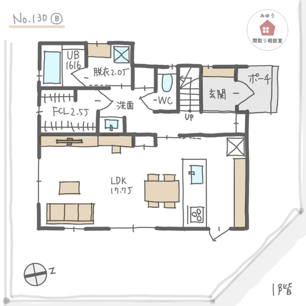 リビングが景色の良い場所にあるLDK直線配置の間取り【27坪3LDK2階建】No.130B-1階