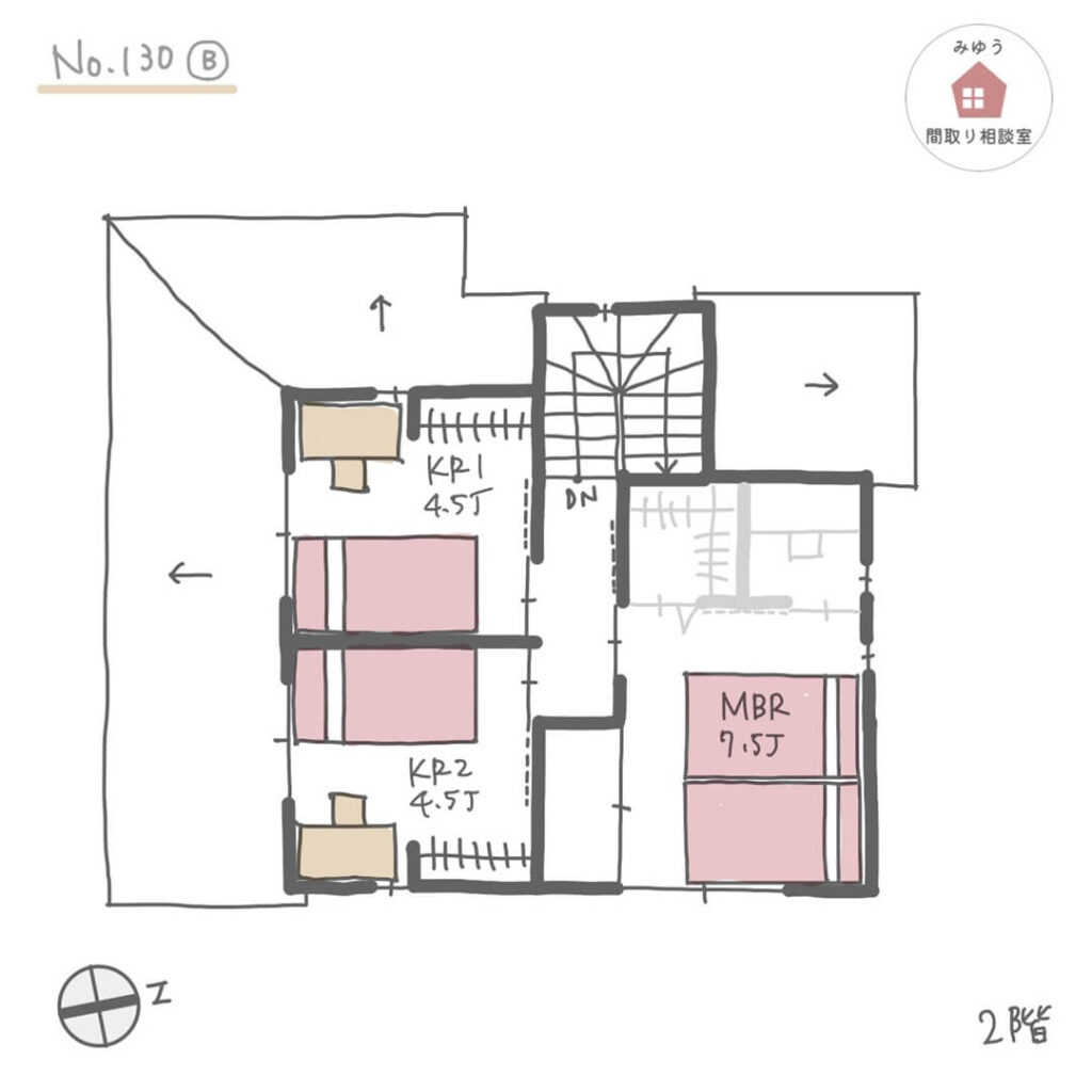 リビングが景色の良い場所にあるLDK直線配置の間取り【27坪3LDK2階建】No.130B-2階