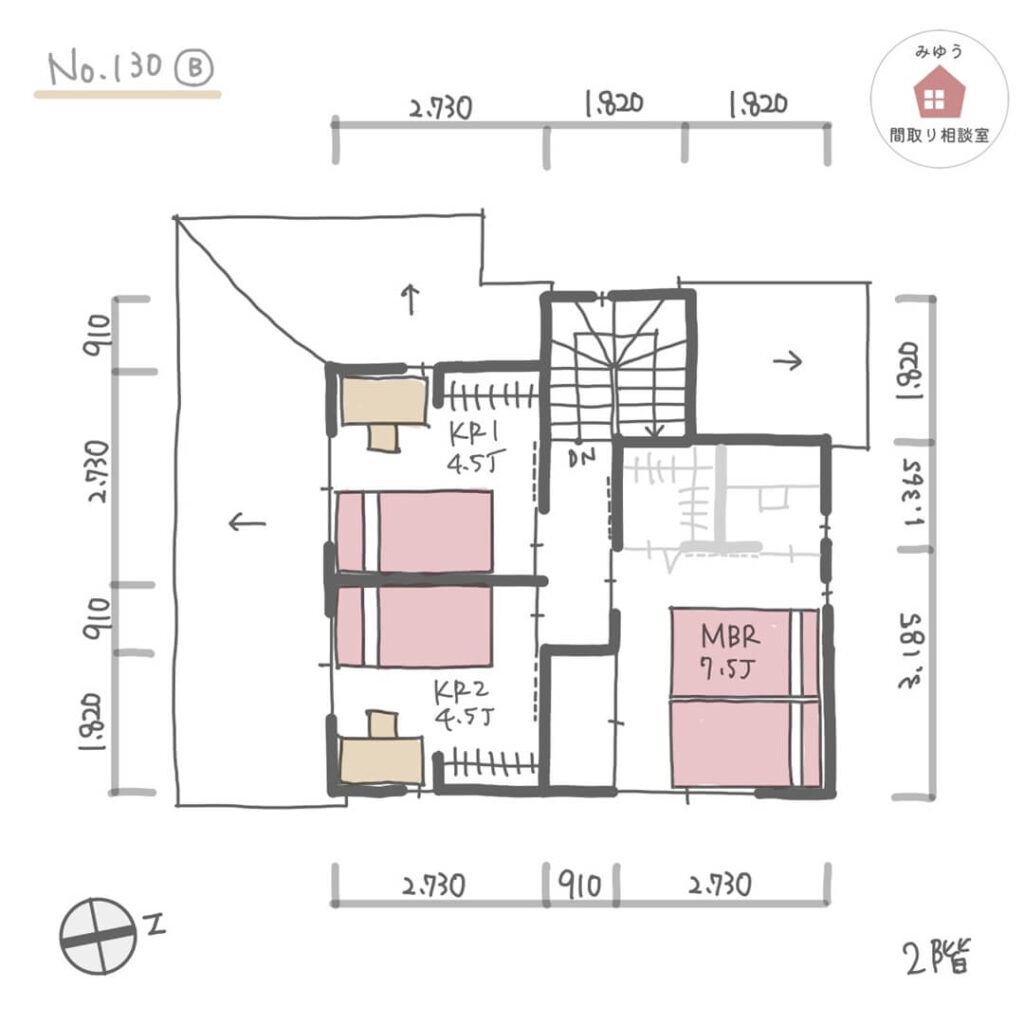 リビングが景色の良い場所にあるLDK直線配置の間取り【27坪3LDK2階建】No.130B-寸法有2階