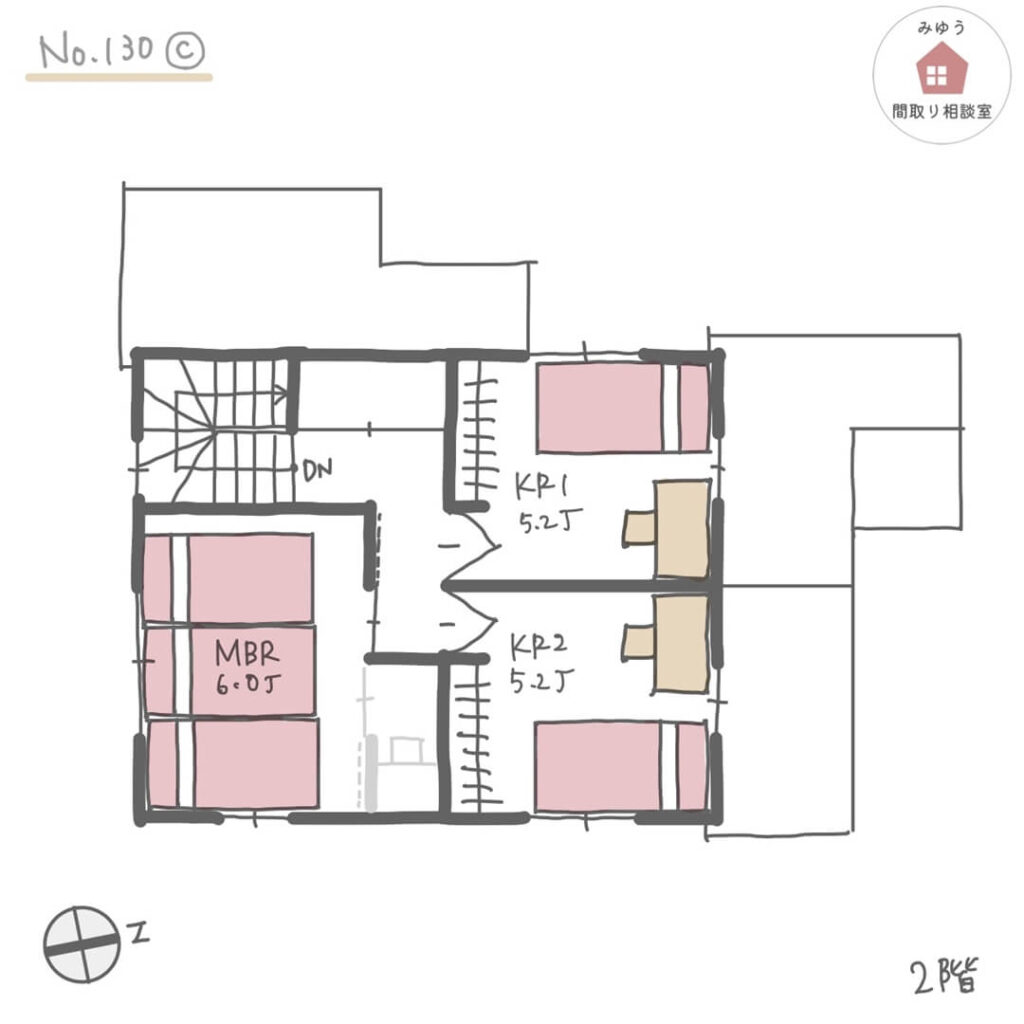 キッチンとランドリールームが近接した水回り回遊動線間取り【27坪3LDK2階建】No.130C【27坪3LDK2階建】No.130C-2階