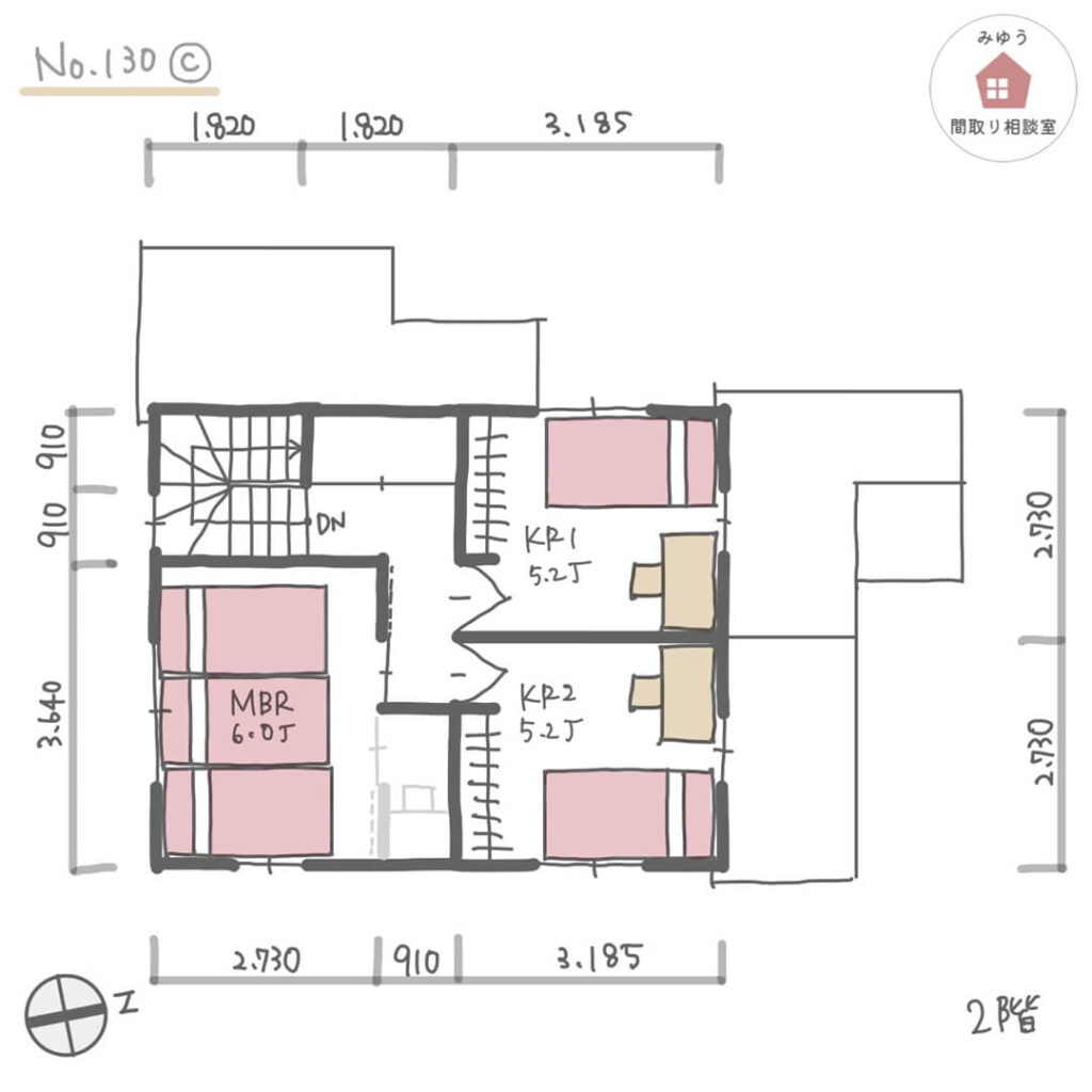 キッチンとランドリールームが近接した水回り回遊動線間取り【27坪3LDK2階建】No.130C【27坪3LDK2階建】No.130C-寸法有2階