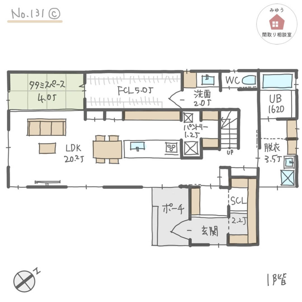 キッチンテーブル横並び配置で南側の庭を向いているＬＤＫの間取り【37坪3LDK2階建】No.131C-1階