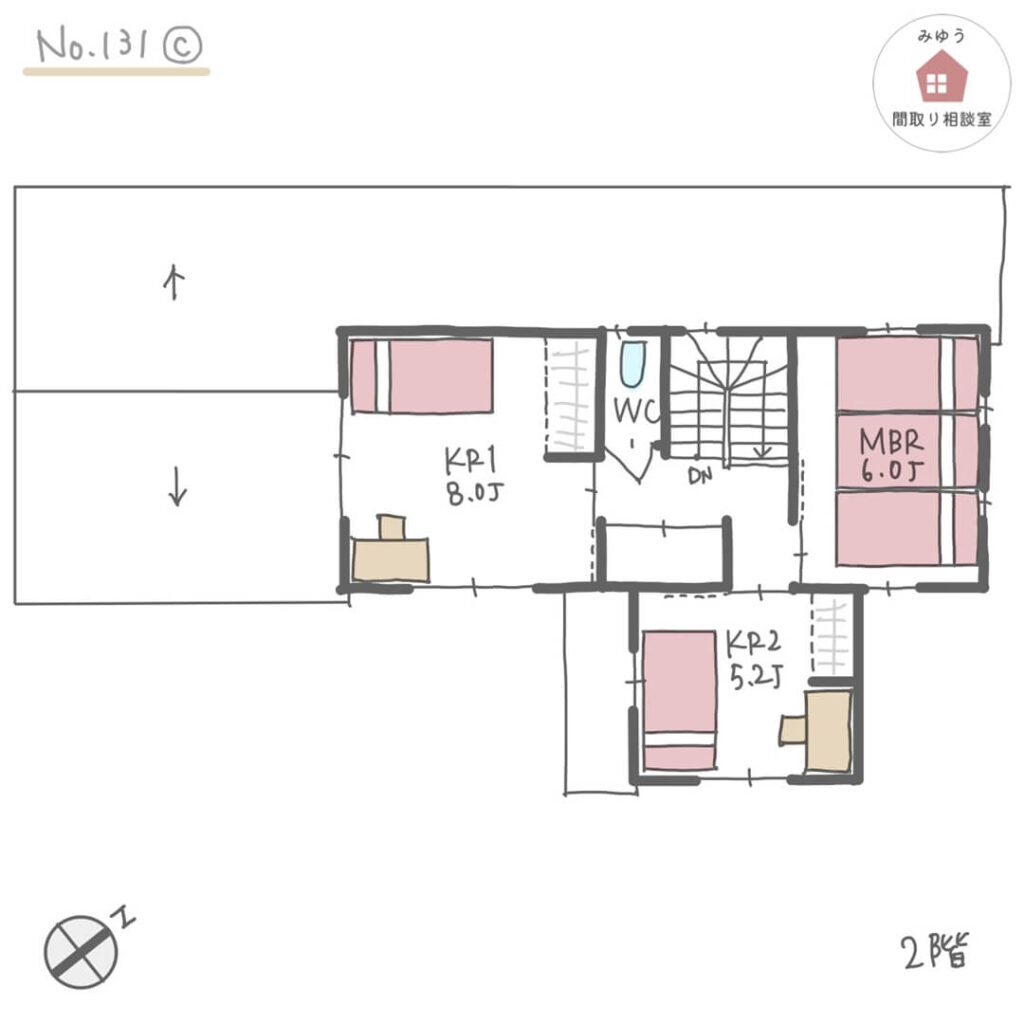 キッチンテーブル横並び配置で南側の庭を向いているＬＤＫの間取り【37坪3LDK2階建】No.131C-2階