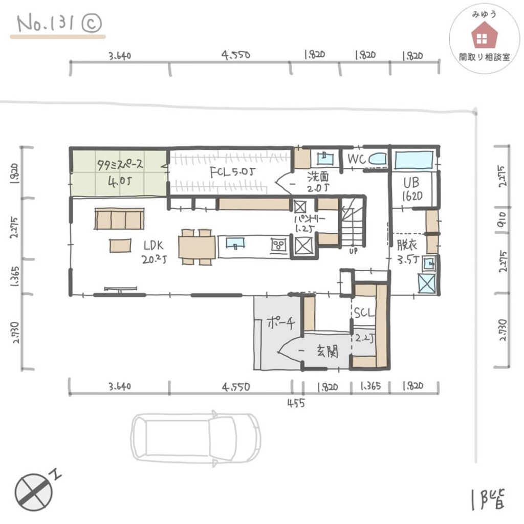 キッチンテーブル横並び配置で南側の庭を向いているＬＤＫの間取り【37坪3LDK2階建】No.131C-寸法有1階