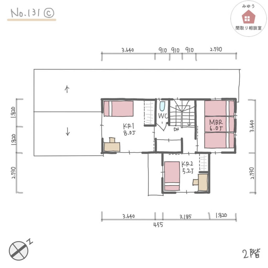 キッチンテーブル横並び配置で南側の庭を向いているＬＤＫの間取り【37坪3LDK2階建】No.131C-寸法有2階