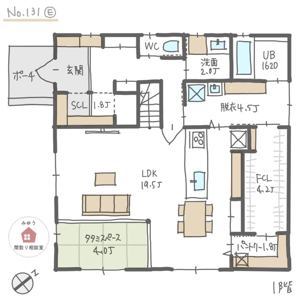 家族の様子が見やすい、１階が真四角の回遊動線間取り【38坪3LDK2階建】No.131E-1階