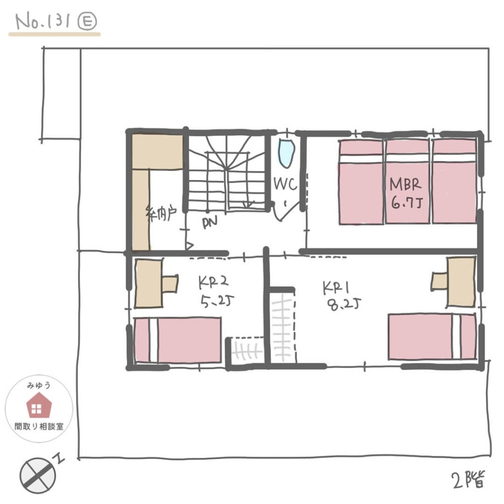 家族の様子が見やすい、１階が真四角の回遊動線間取り【38坪3LDK2階建】No.131E-寸法有2階